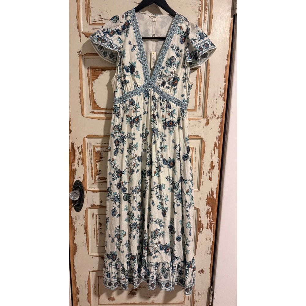 Max Studio London Floral V-Neck Maxi Dress White Blue Boho Flutter Sleeve L